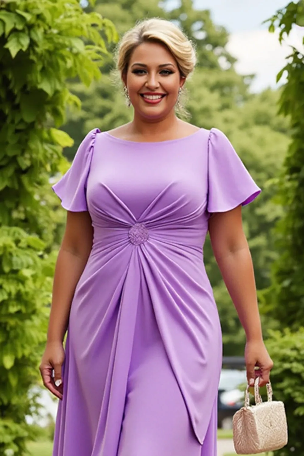 Lilac Chiffon Ruched Midi Plus Size Mother of the Bride Dress sold by Zapaka product image thumbnail 4