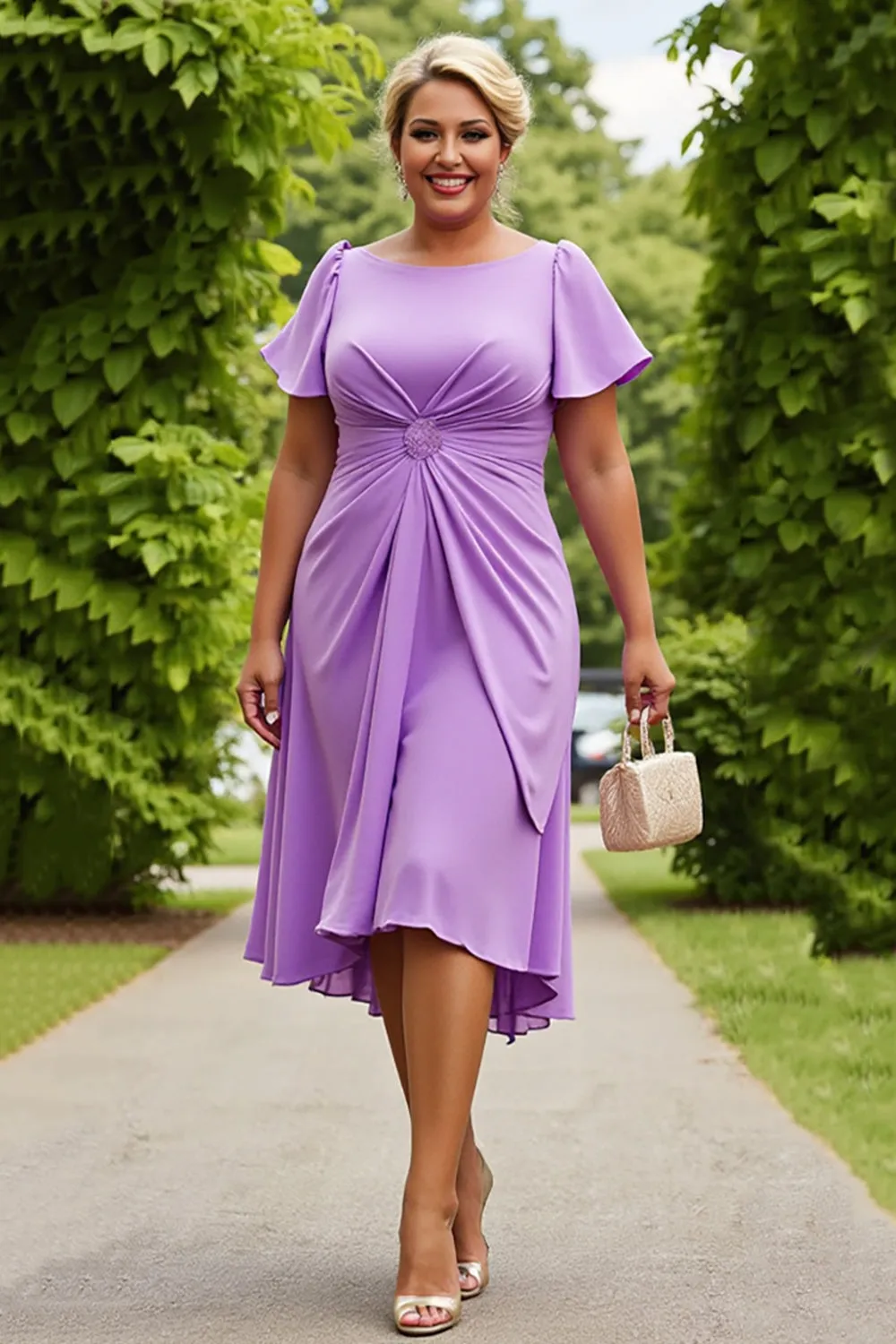 Lilac Chiffon Ruched Midi Plus Size Mother of the Bride Dress sold by Zapaka