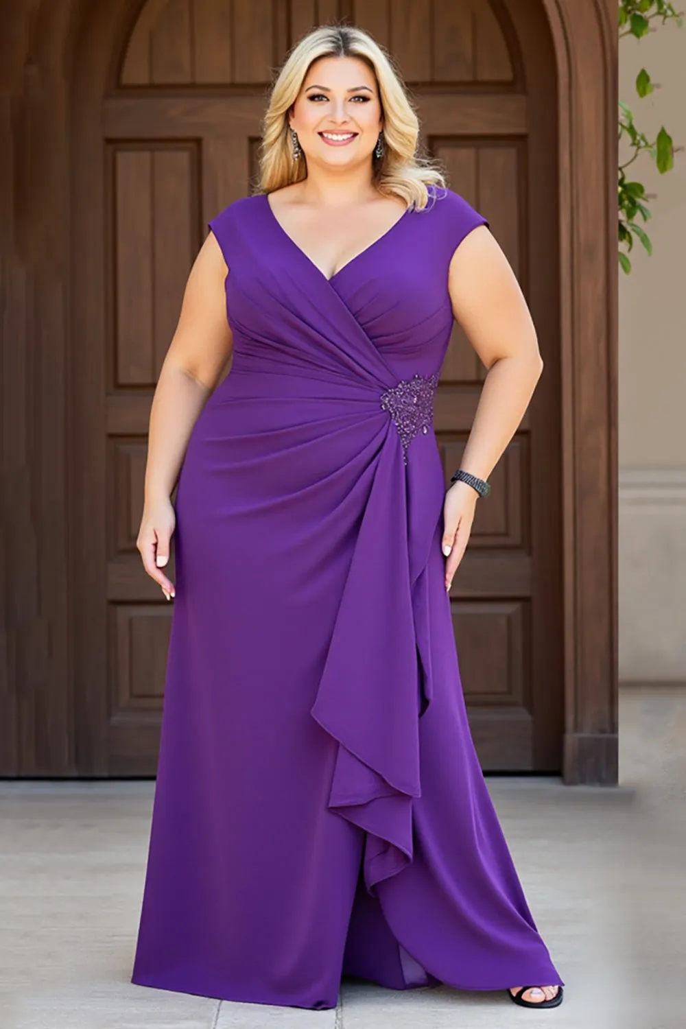 Purple Sheath V-Neck Chiffon Plus Size Mother of the Bride Dress sold by Zapaka