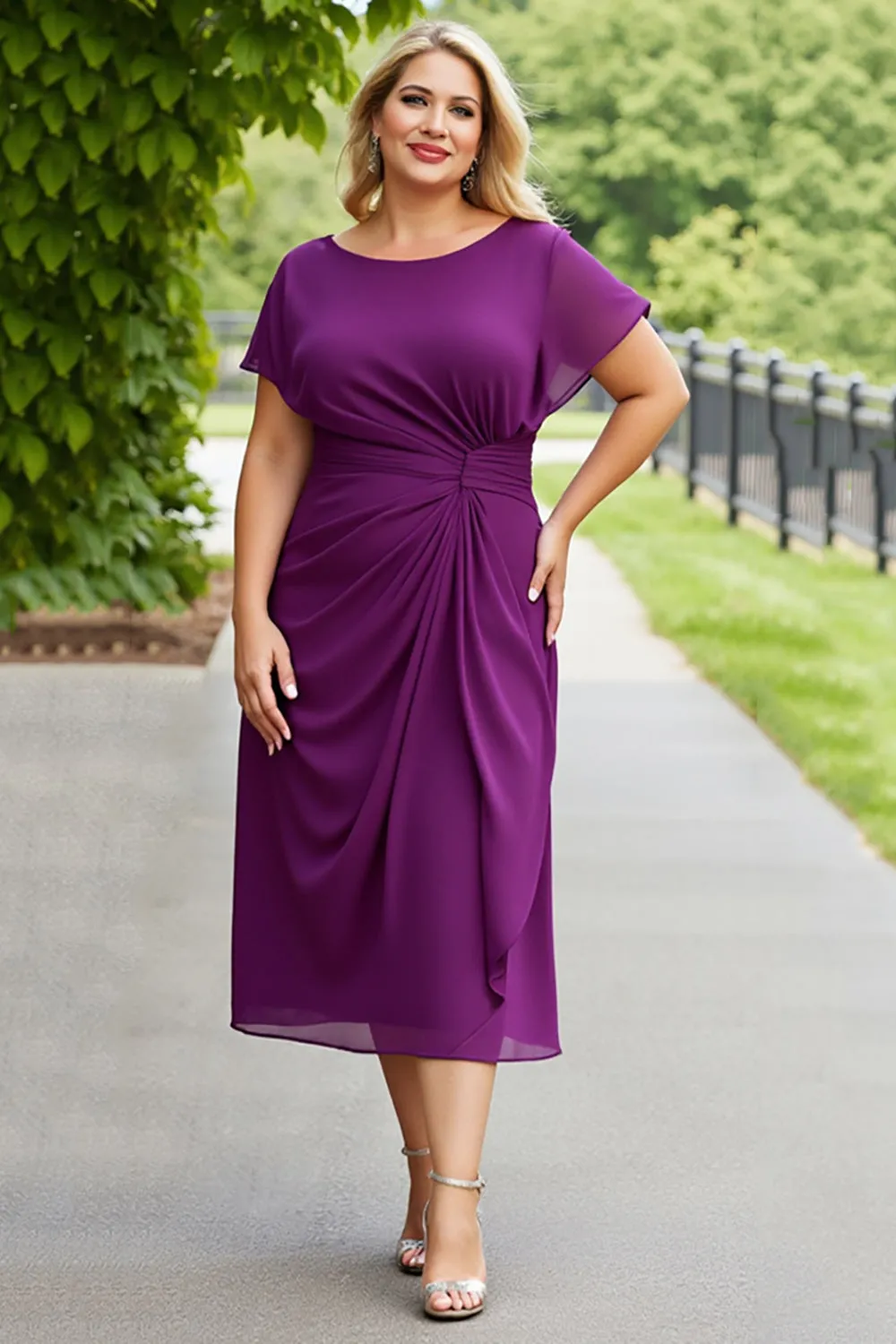 Purple A Line Chiffon Midi Plus Size Mother of the Bride Dress sold by Zapaka