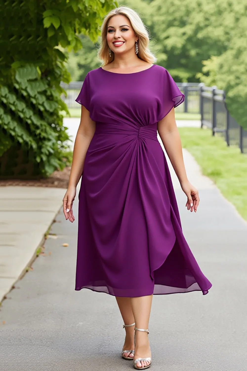 Purple A Line Chiffon Midi Plus Size Mother of the Bride Dress sold by Zapaka product image thumbnail 3