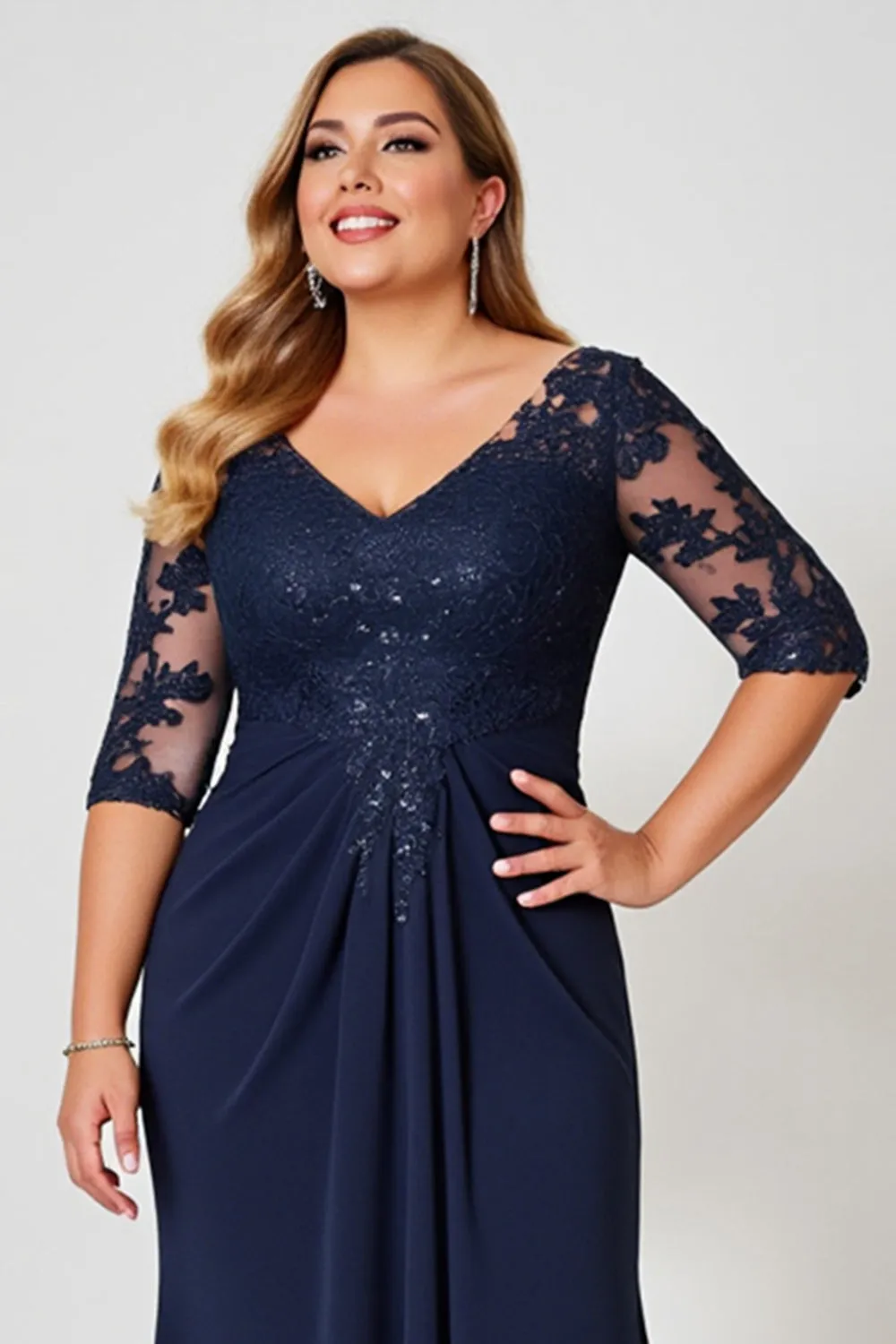 Navy Sheath V-Neck Chiffon Lace Plus Size Mother of the Bride Dress sold by Zapaka product image thumbnail 4