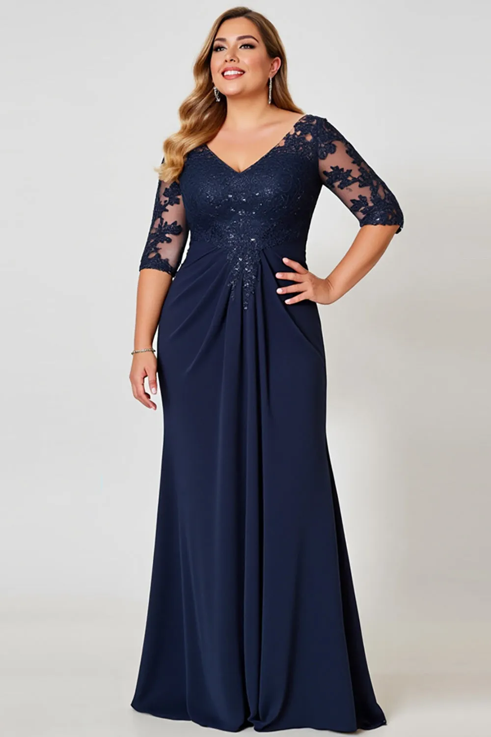 Navy Sheath V-Neck Chiffon Lace Plus Size Mother of the Bride Dress sold by Zapaka