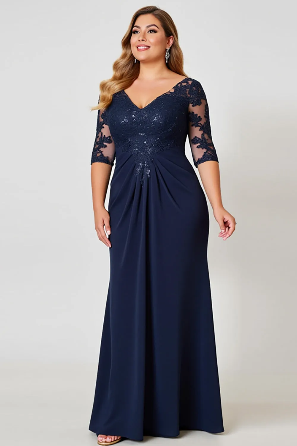 Navy Sheath V-Neck Chiffon Lace Plus Size Mother of the Bride Dress sold by Zapaka product image thumbnail 3