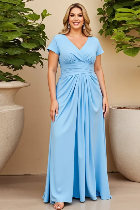 Sky Blue V-Neck Chiffon Plus Size Mother of the Bride Dress with Short Sleeves sold by Zapaka