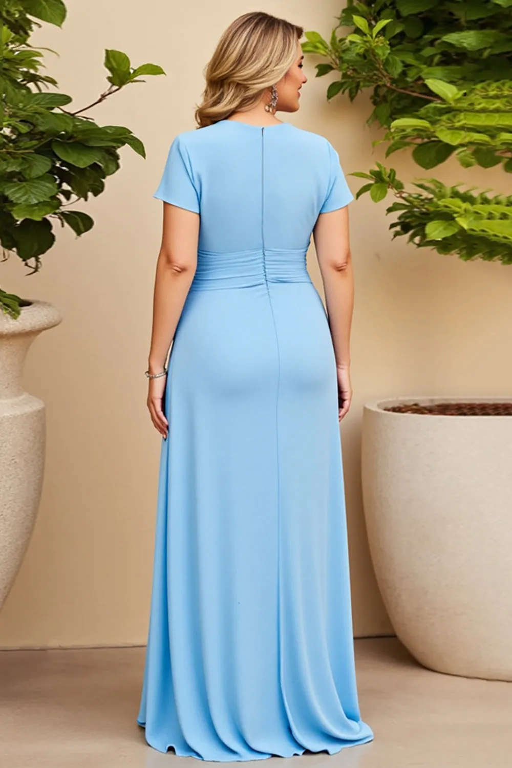 Sky Blue V-Neck Chiffon Plus Size Mother of the Bride Dress with Short Sleeves sold by Zapaka product image thumbnail 2