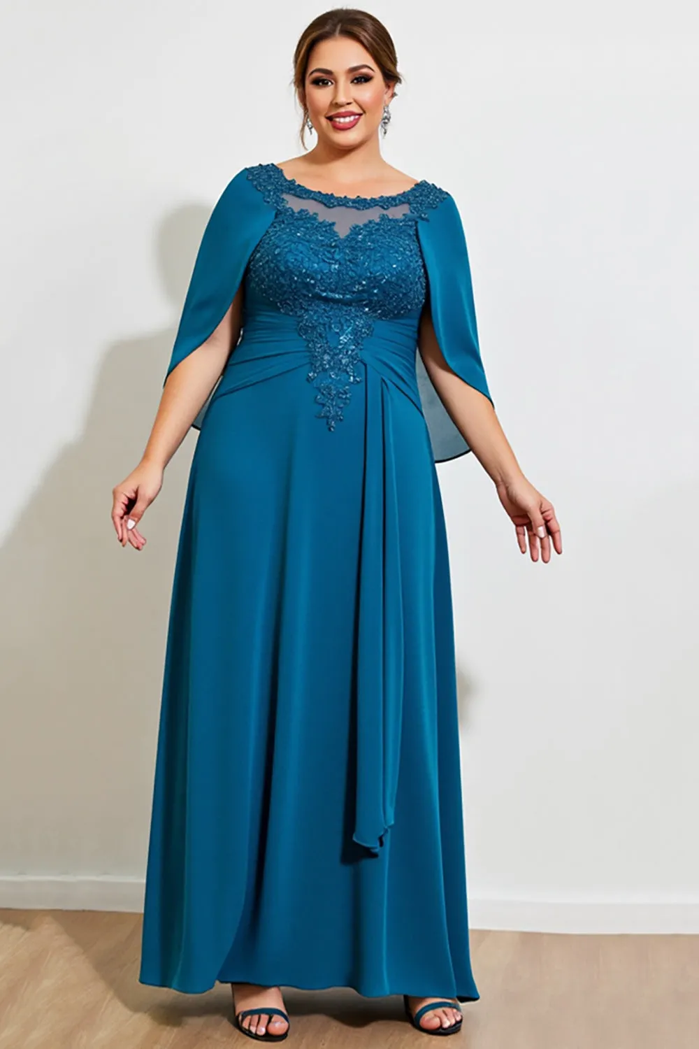 Peacock A Line Lace Chiffon Cape Plus Size Mother of the Bride Dress sold by Zapaka