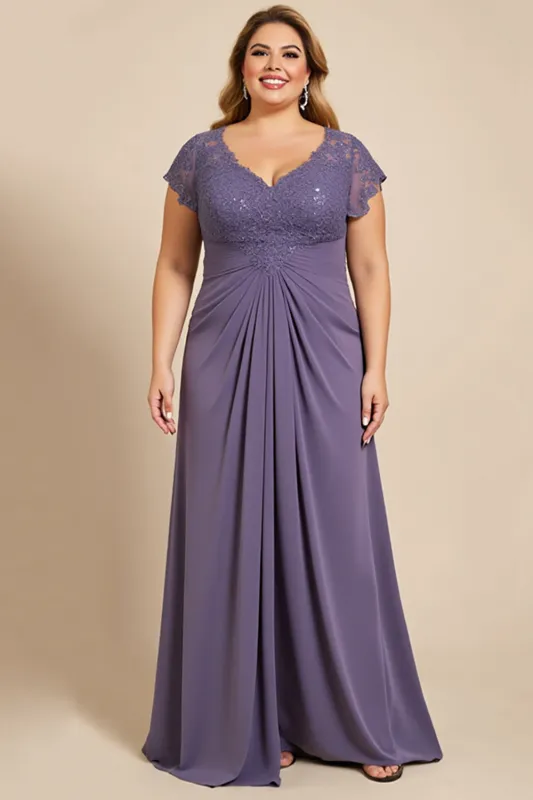 Grey Purple A Line Chiffon Lace Plus Size Mother of the Bride Dress made by Zapaka