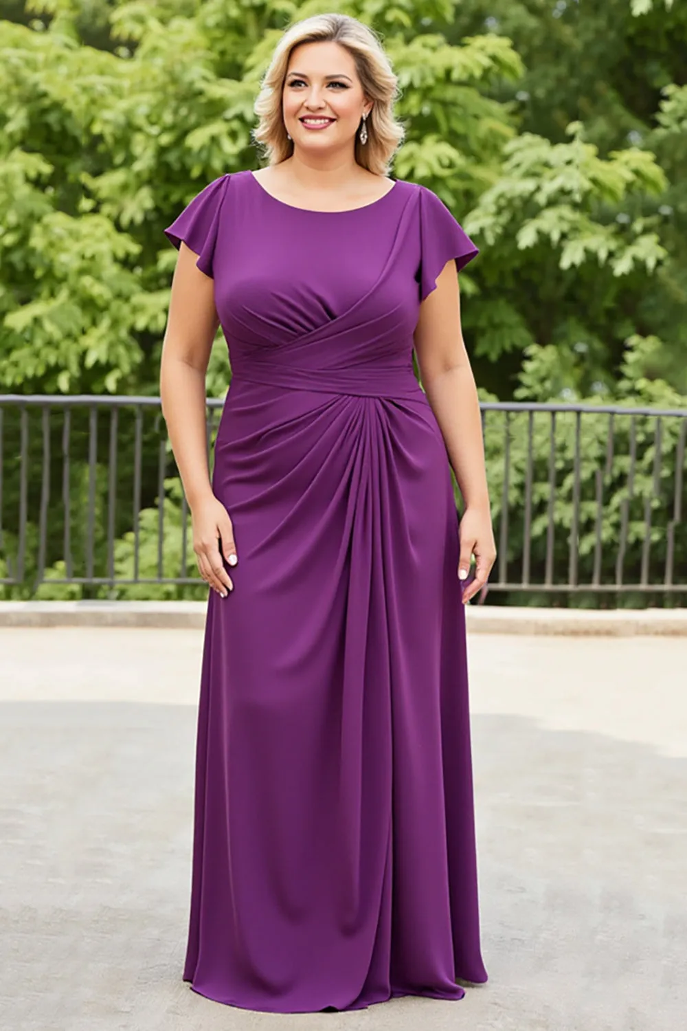 Purple Sheath Chiffon Plus Size Mother of the Bride Dress with Short Sleeves sold by Zapaka