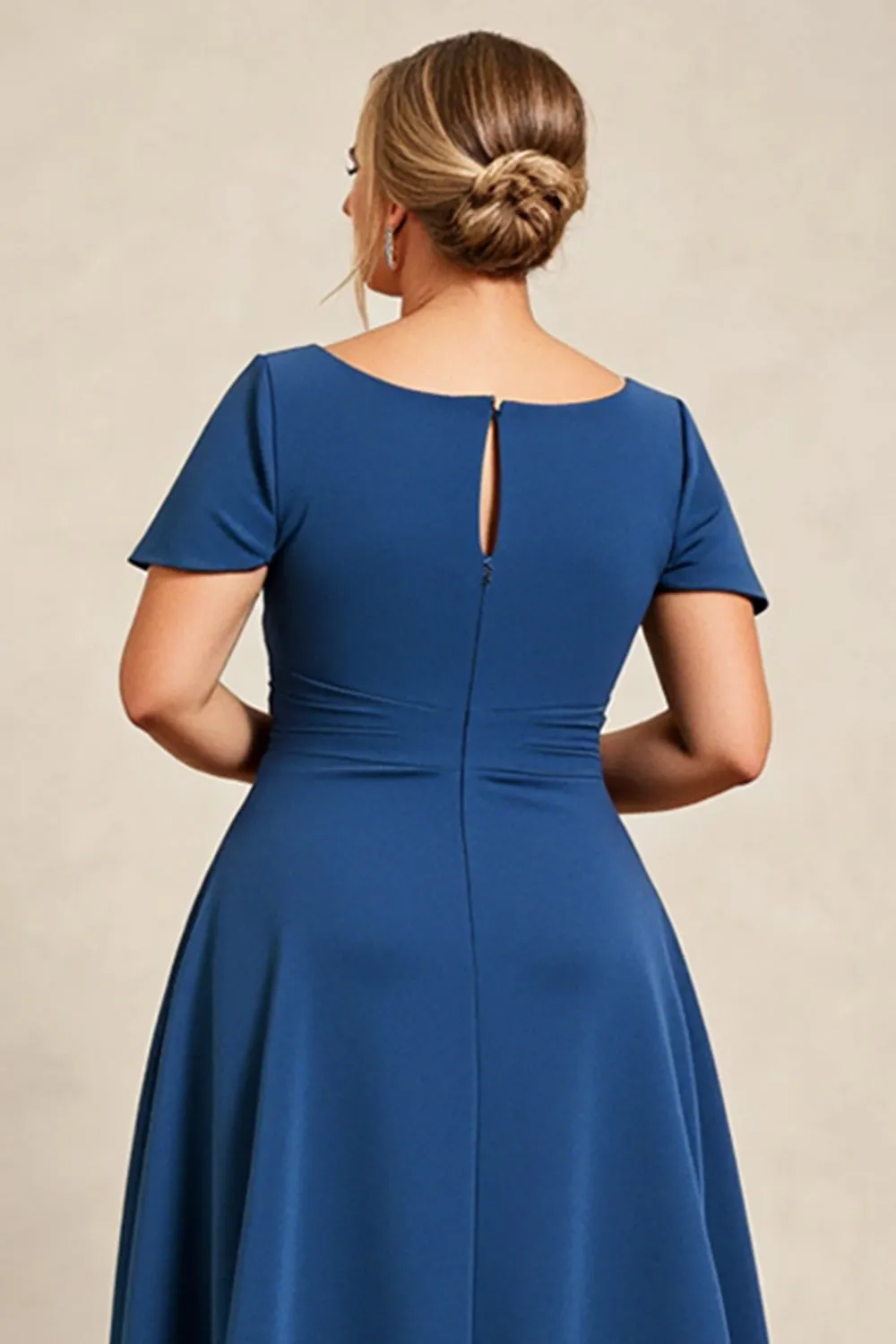 Ink Blue A Line Satin Plus Size Mother of the Bride Dress with Short Sleeves sold by Zapaka product image thumbnail 5