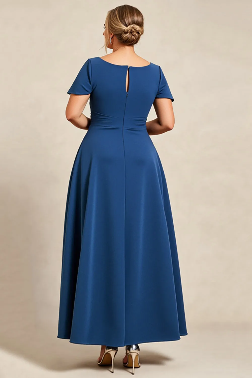 Ink Blue A Line Satin Plus Size Mother of the Bride Dress with Short Sleeves sold by Zapaka product image thumbnail 2