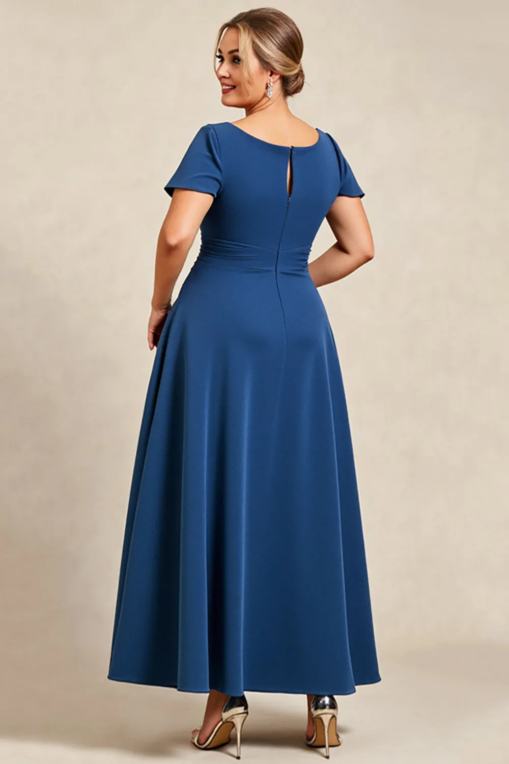 Ink Blue A Line Satin Plus Size Mother of the Bride Dress with Short Sleeves sold by Zapaka product image thumbnail 3