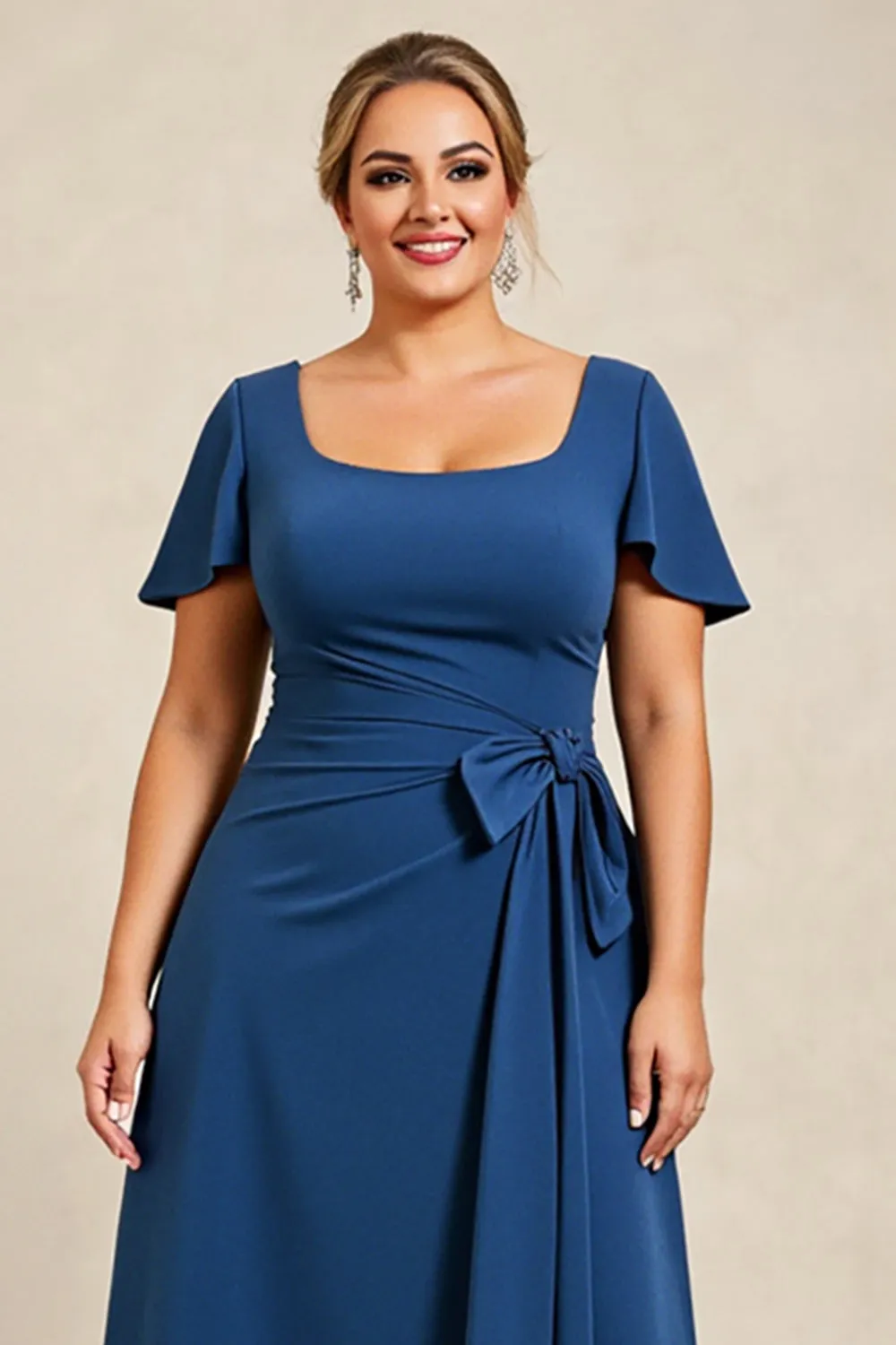 Ink Blue A Line Satin Plus Size Mother of the Bride Dress with Short Sleeves sold by Zapaka product image thumbnail 4