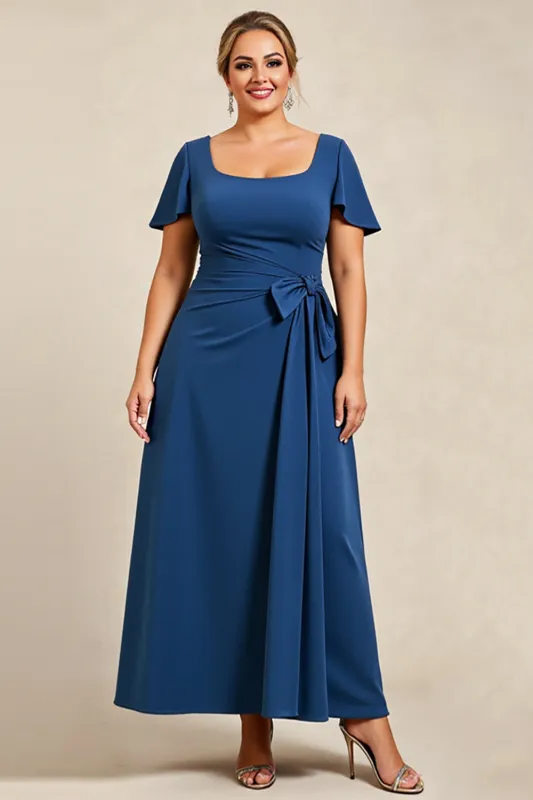 Ink Blue A Line Satin Plus Size Mother of the Bride Dress with Short Sleeves sold by Zapaka