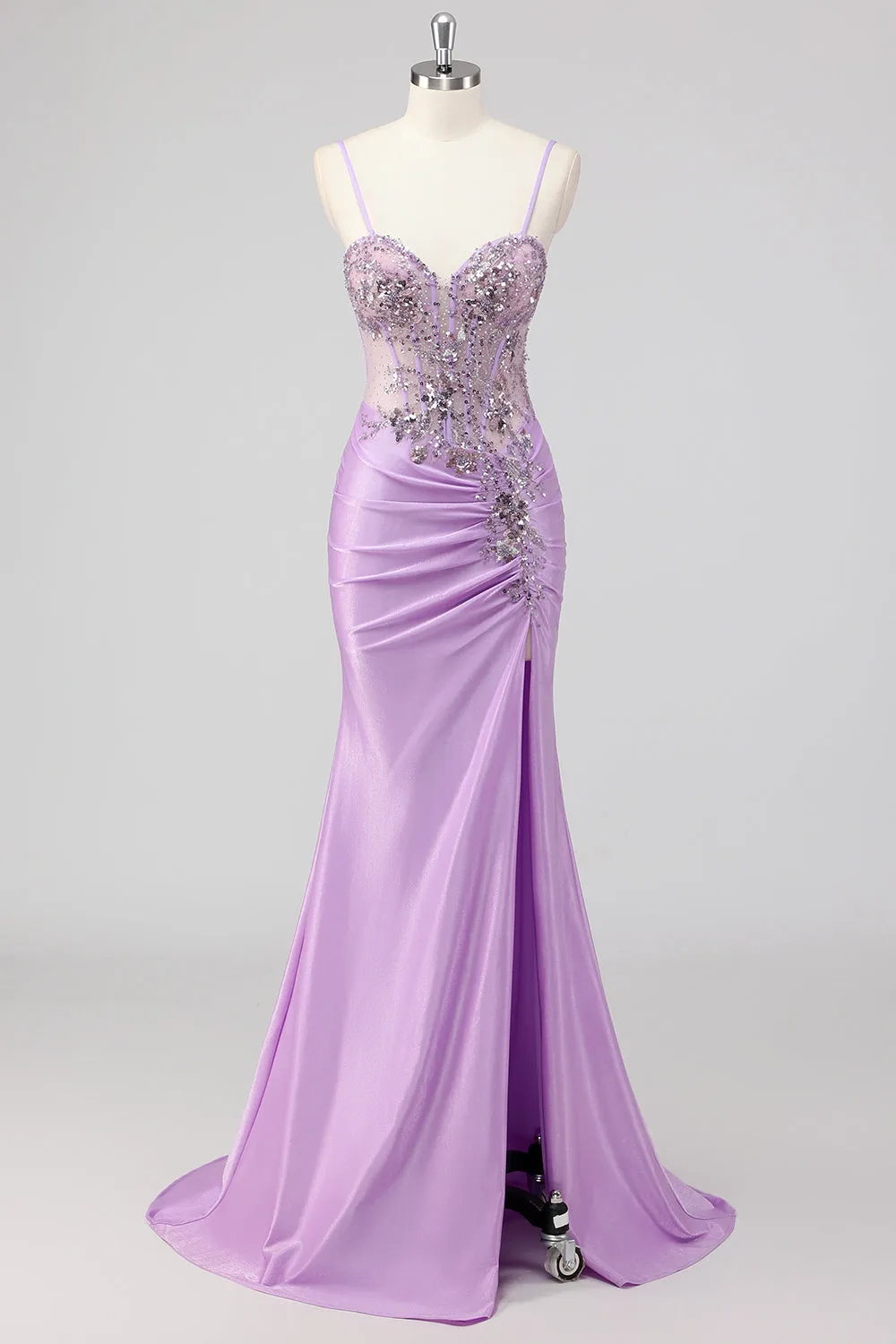 Purple Mermaid Spaghetti Straps Corset Sequin Long Prom Dress sold by Zapaka