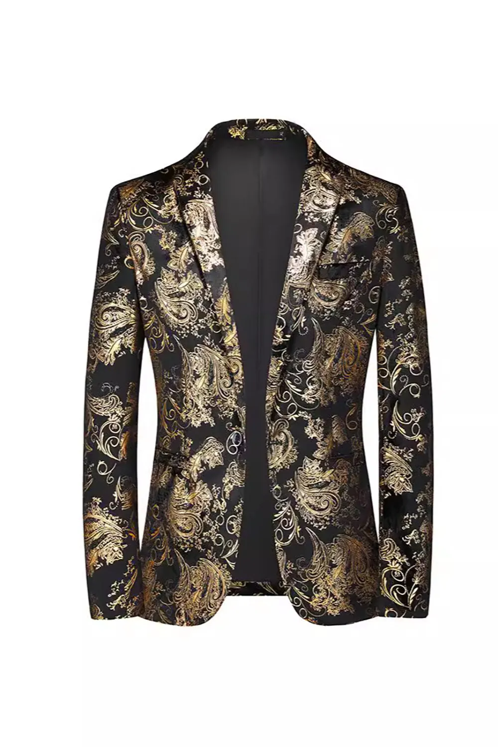 Black Golden Single Breasted Notched Lapel Printed Men's Prom Blazer sold by Zapaka