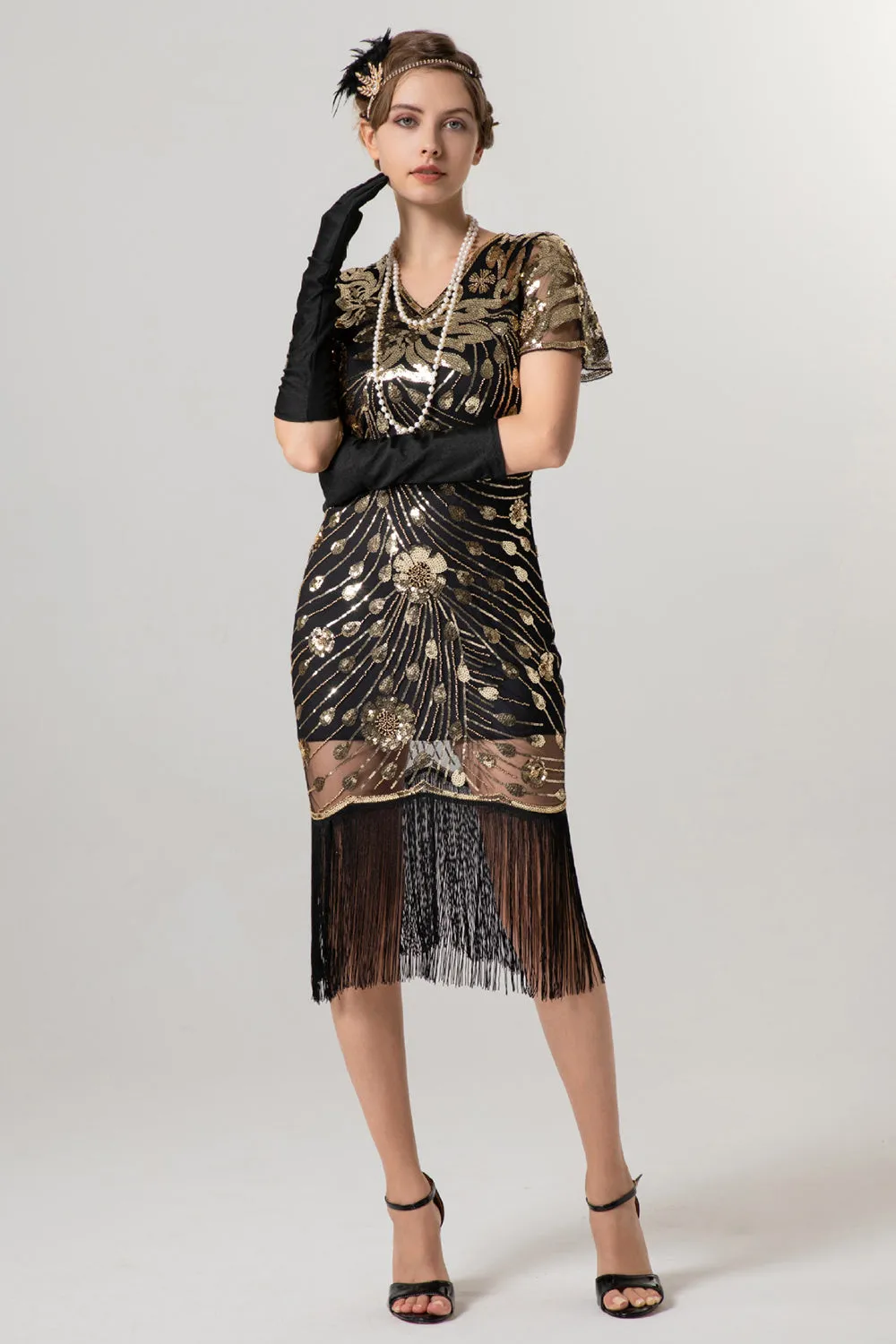 Sparkly Black Golden Fringed V Neck 1920s Dress with Short Sleeves sold by Zapaka product image thumbnail 3