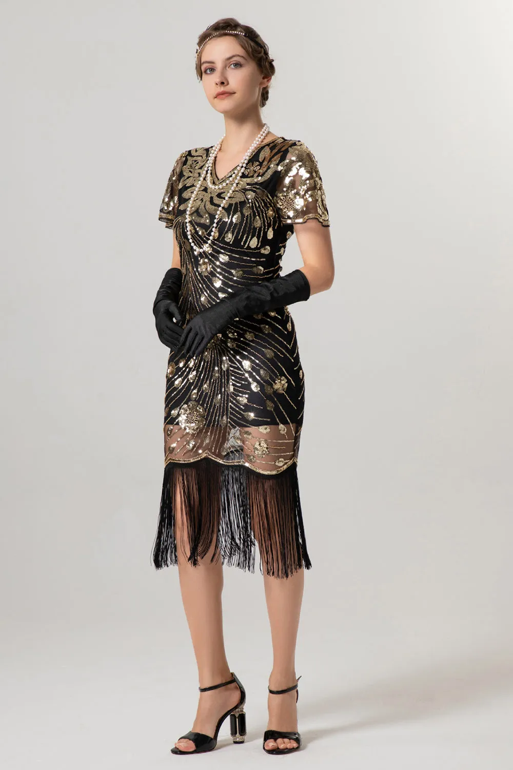Sparkly Black Golden Fringed V Neck 1920s Dress with Short Sleeves sold by Zapaka product image thumbnail 4