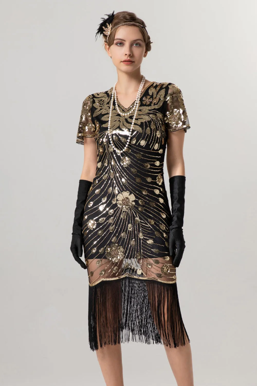 Sparkly Black Golden Fringed V Neck 1920s Dress with Short Sleeves sold by Zapaka