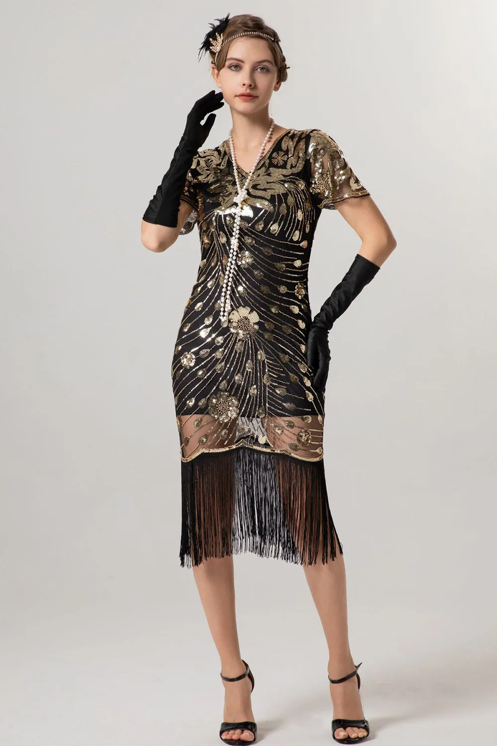 Sparkly Black Golden Fringed V Neck 1920s Dress with Short Sleeves sold by Zapaka product image thumbnail 2