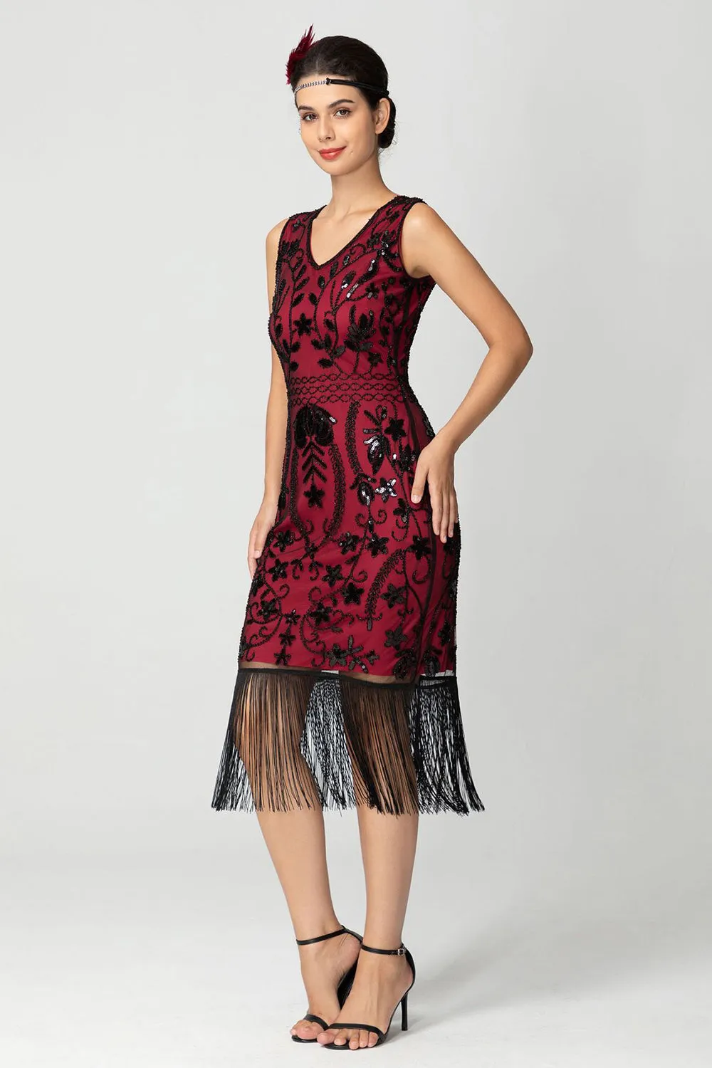 Black Burgundy Sequin V Neck Fringed Midi Flapper Dress sold by Zapaka product image thumbnail 2