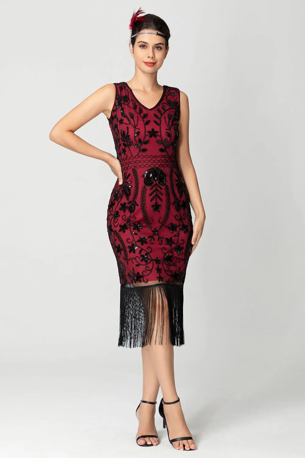 Black Burgundy Sequin V Neck Fringed Midi Flapper Dress sold by Zapaka product image thumbnail 5