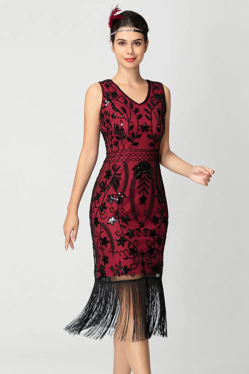 Black Burgundy Sequin V Neck Fringed Midi Flapper Dress sold by Zapaka