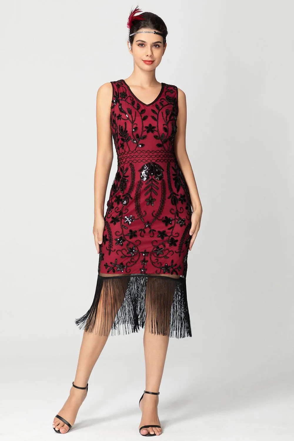 Black Burgundy Sequin V Neck Fringed Midi Flapper Dress sold by Zapaka product image thumbnail 4