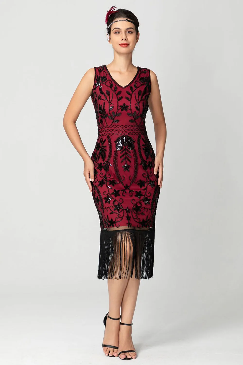 Black Burgundy Sequin V Neck Fringed Midi Flapper Dress sold by Zapaka product image thumbnail 3