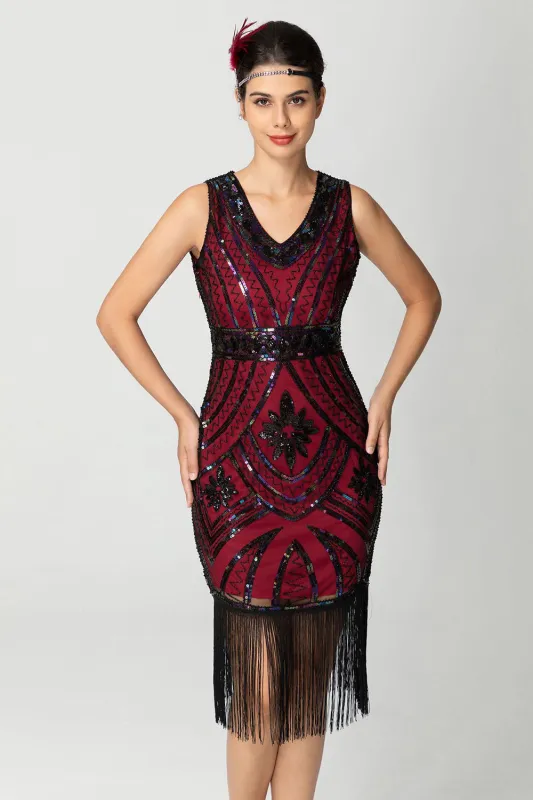 Fringed Sheath Sequin V Neck Black Bugundy 1920s Dress sold by Zapaka