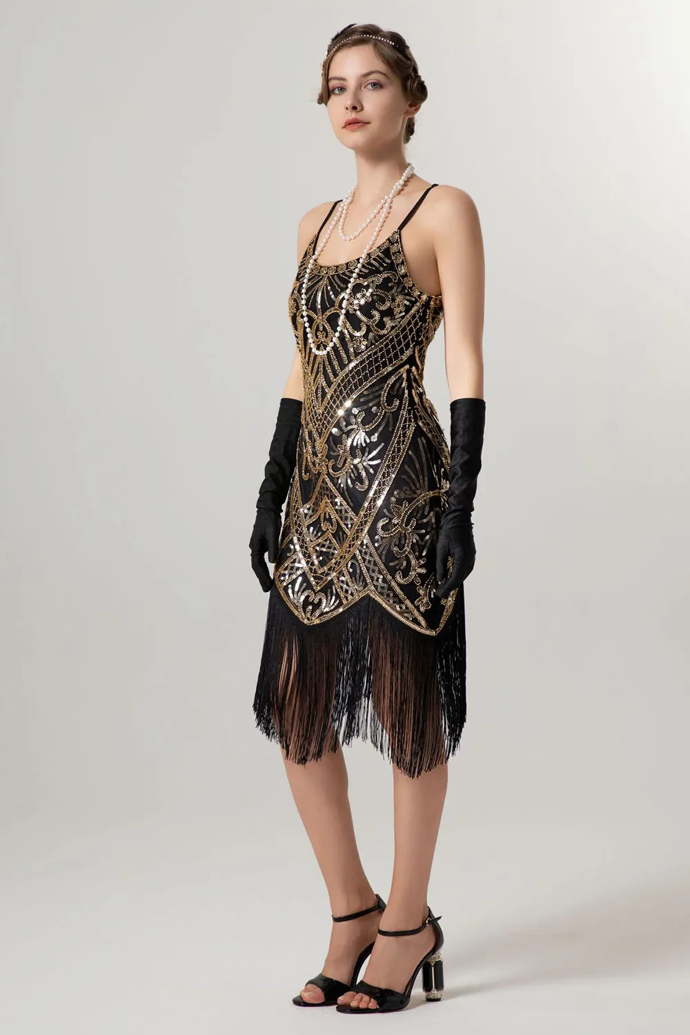 Black Golden Sheath Sequin 1920s Flapper Dress with Tassles sold by Zapaka product image thumbnail 4