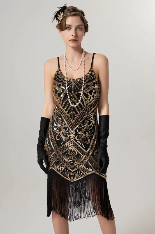 Black Golden Sheath Sequin 1920s Flapper Dress with Tassles sold by Zapaka