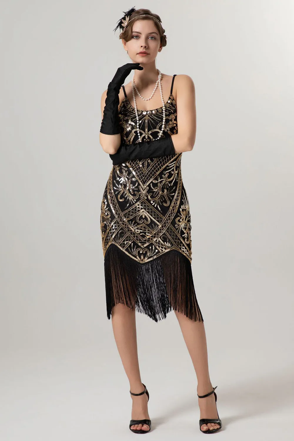 Black Golden Sheath Sequin 1920s Flapper Dress with Tassles sold by Zapaka product image thumbnail 2