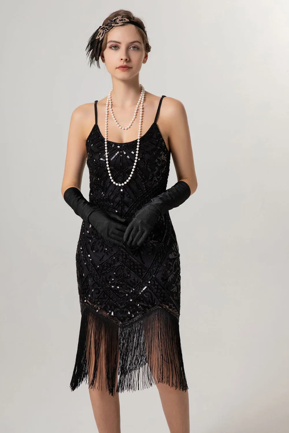 Black Golden Sheath Sequin 1920s Flapper Dress with Tassles sold by Zapaka product image thumbnail 5