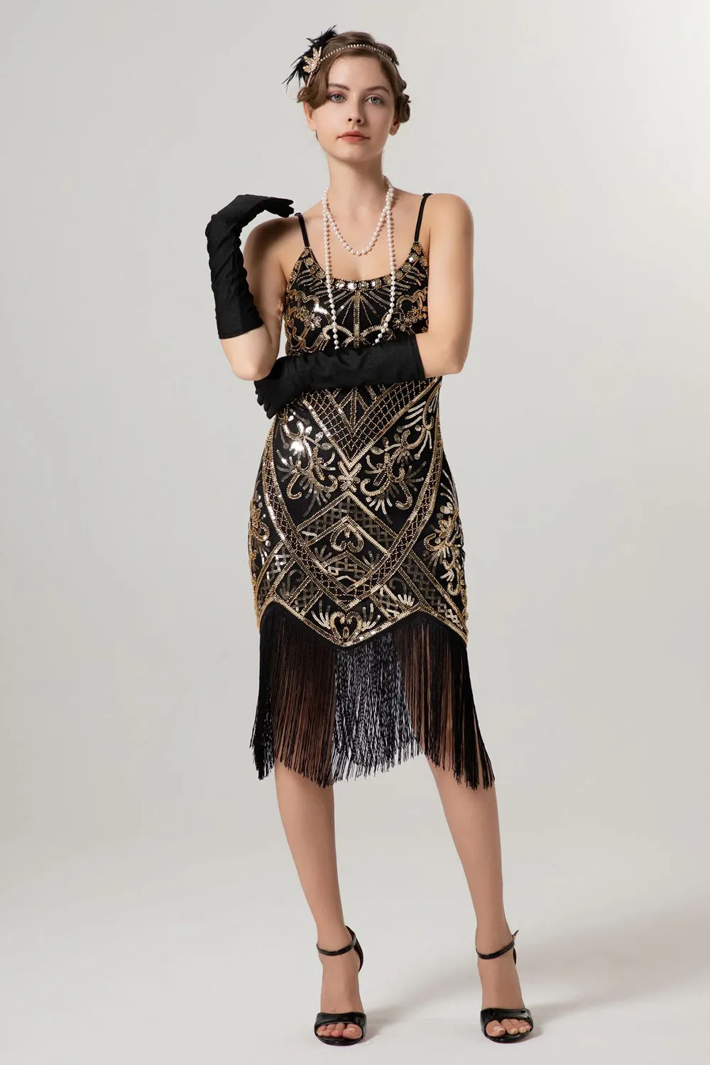Black Golden Sheath Sequin 1920s Flapper Dress with Tassles sold by Zapaka product image thumbnail 3