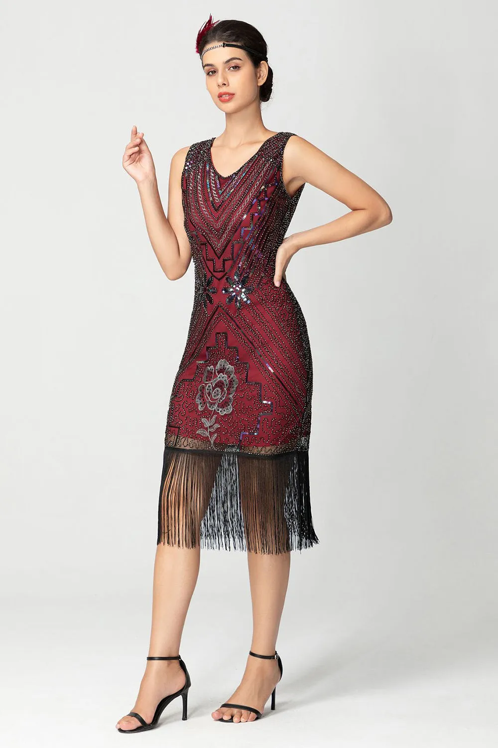 Sequin Fringed Black Burgundy 1920s Dress with Beading sold by Zapaka product image thumbnail 4