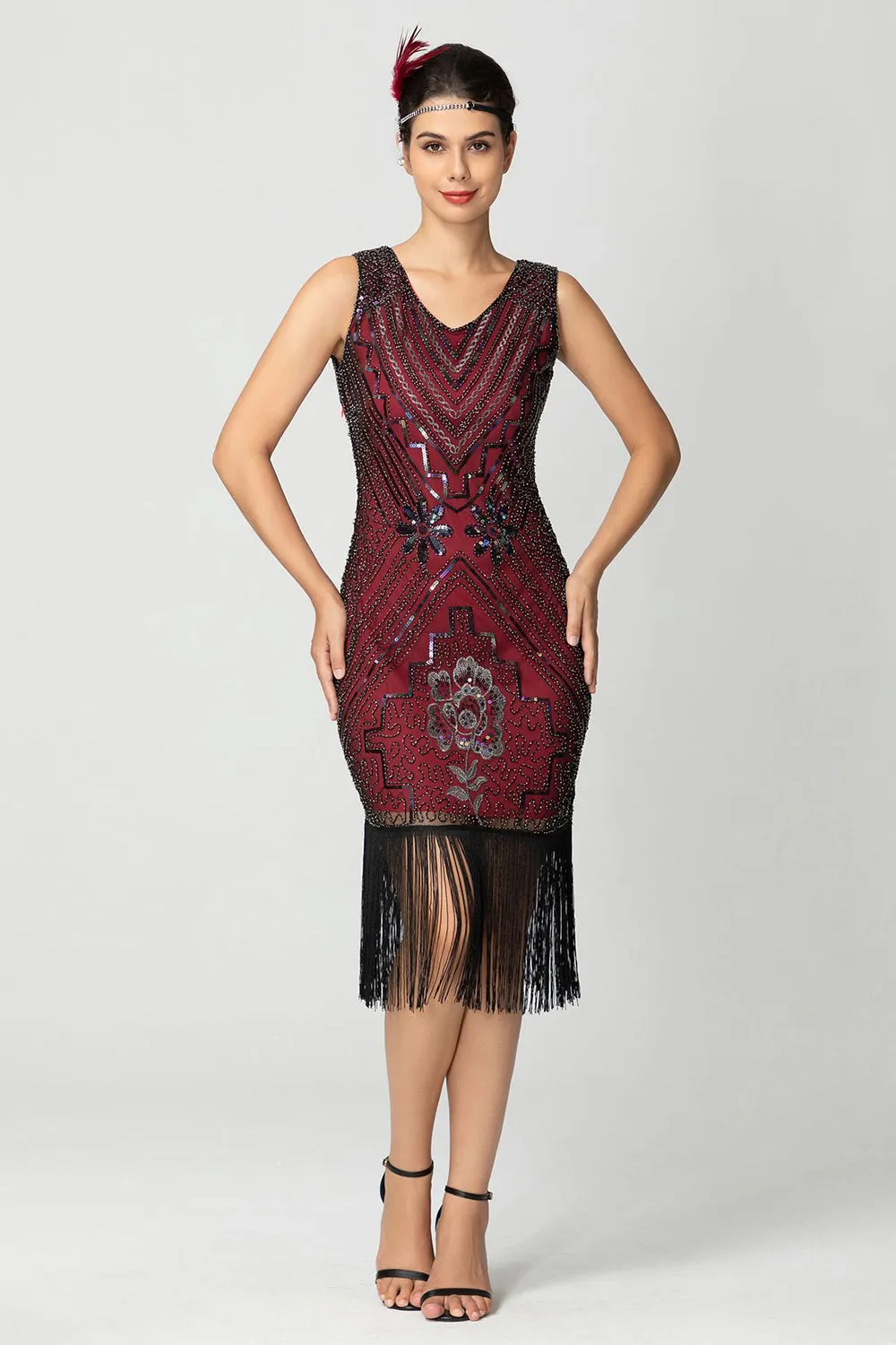 Sequin Fringed Black Burgundy 1920s Dress with Beading sold by Zapaka product image thumbnail 5