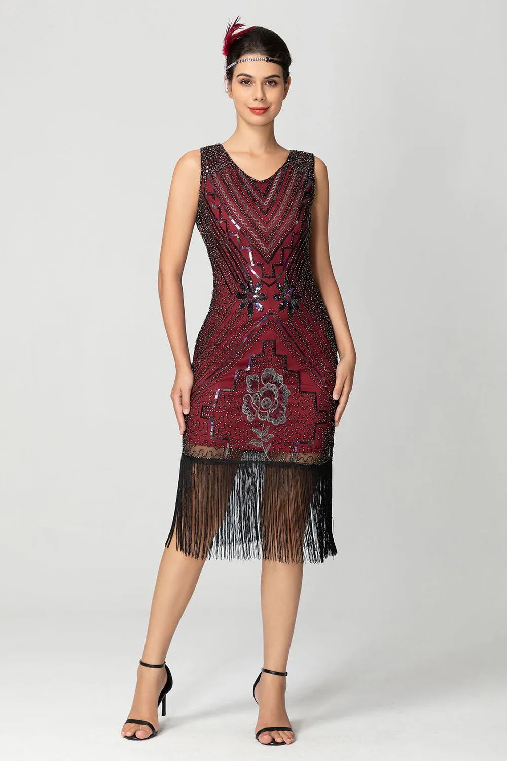 Sequin Fringed Black Burgundy 1920s Dress with Beading sold by Zapaka product image thumbnail 2
