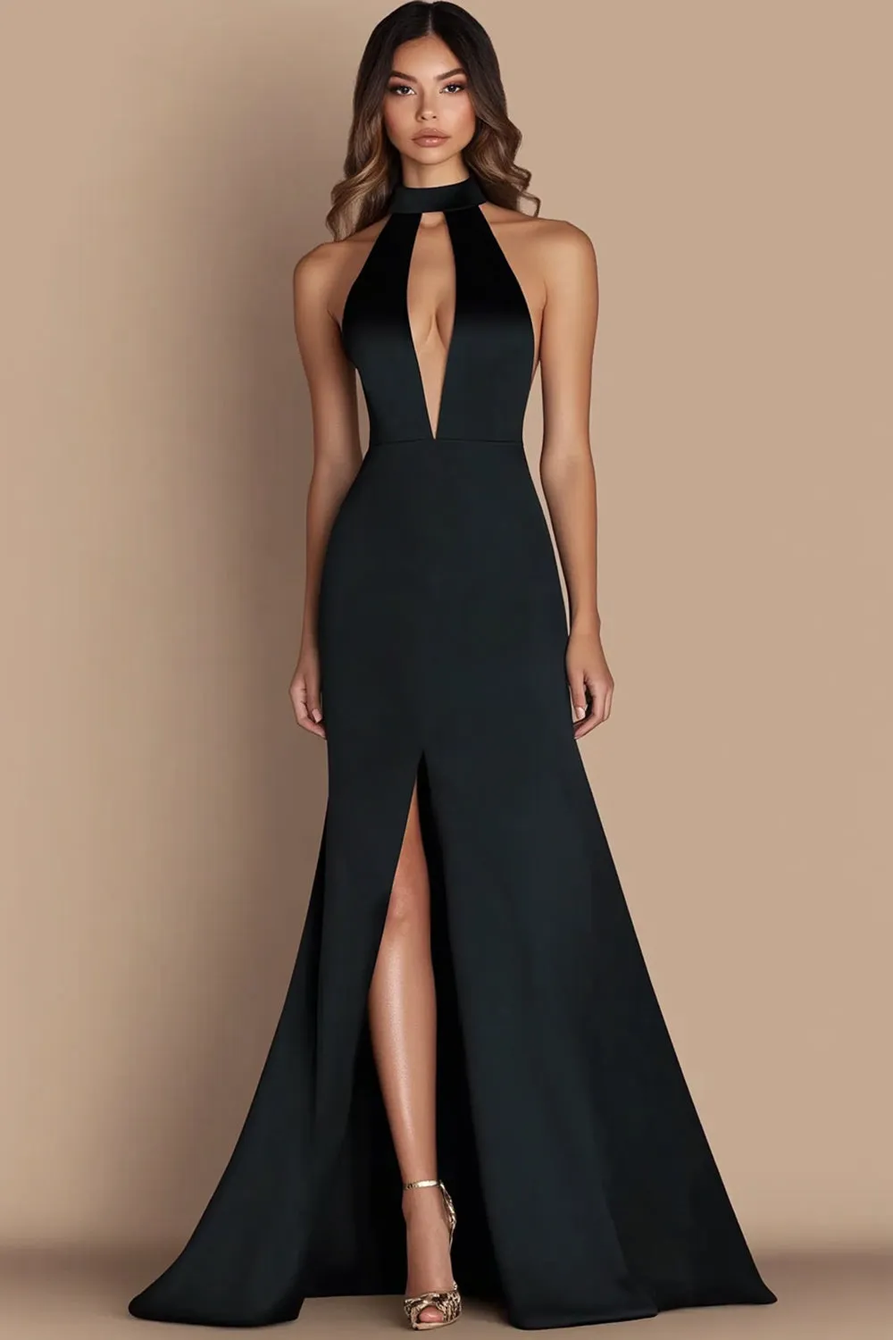 Black Halter Cut Out Mermaid Gala Dress with Slit sold by Zapaka