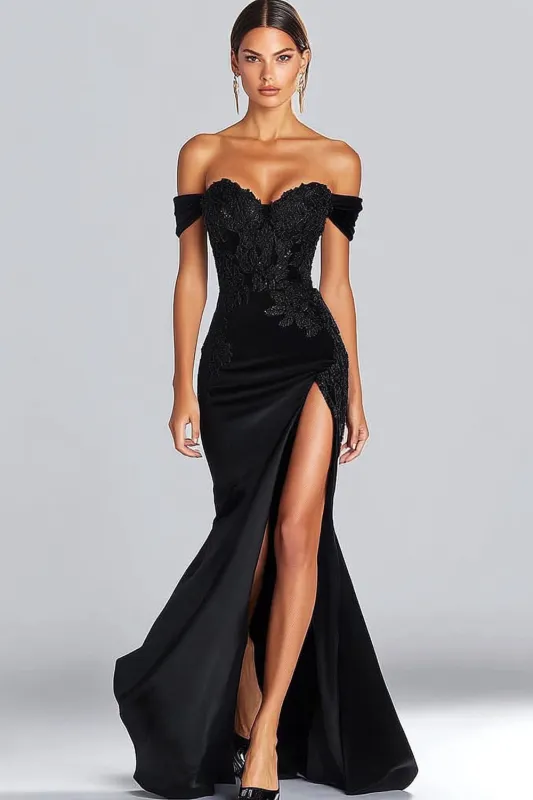 Black Off The Shoulder Satin Mermaid Gala Dress with Slit sold by Zapaka