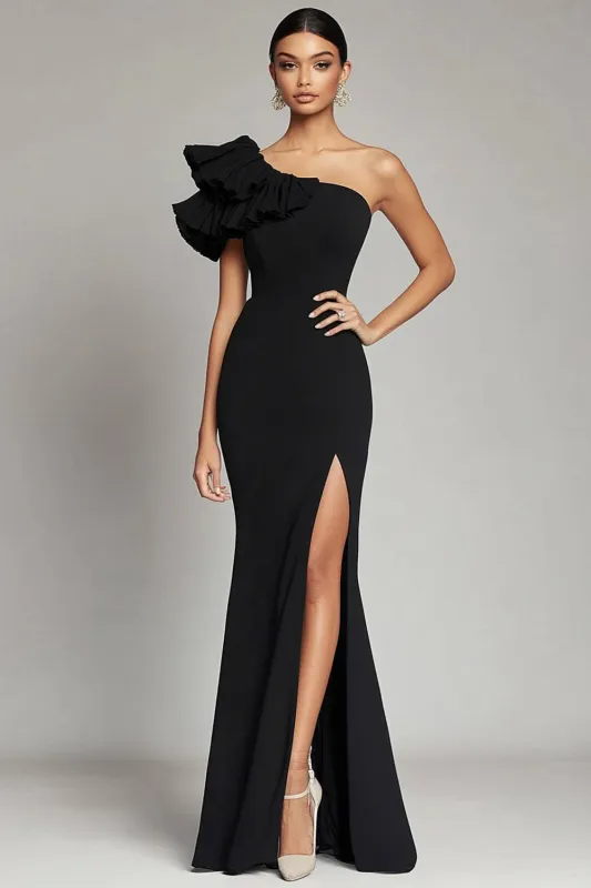 Black One Shoulder Ruffles Mermaid Satin Gala Dress with Slit made by Zapaka