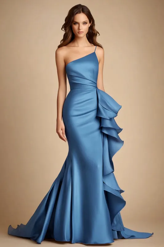 Blue One Shoulder Mermaid Long Wedding Guest Dress with Ruffles sold by Zapaka