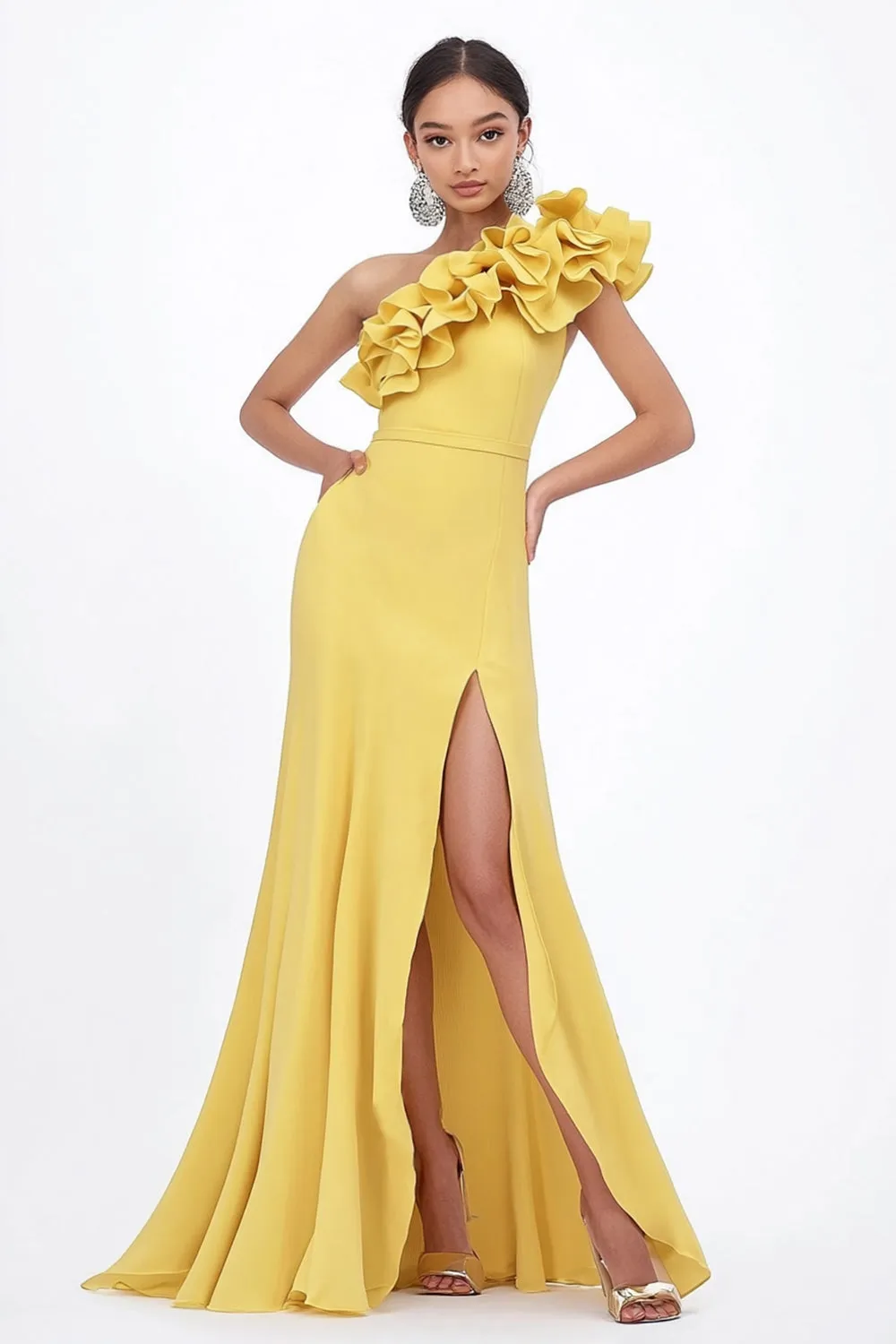 Yellow One Shoulder Ruffled Long Wedding Guest Dress with Slit sold by Zapaka