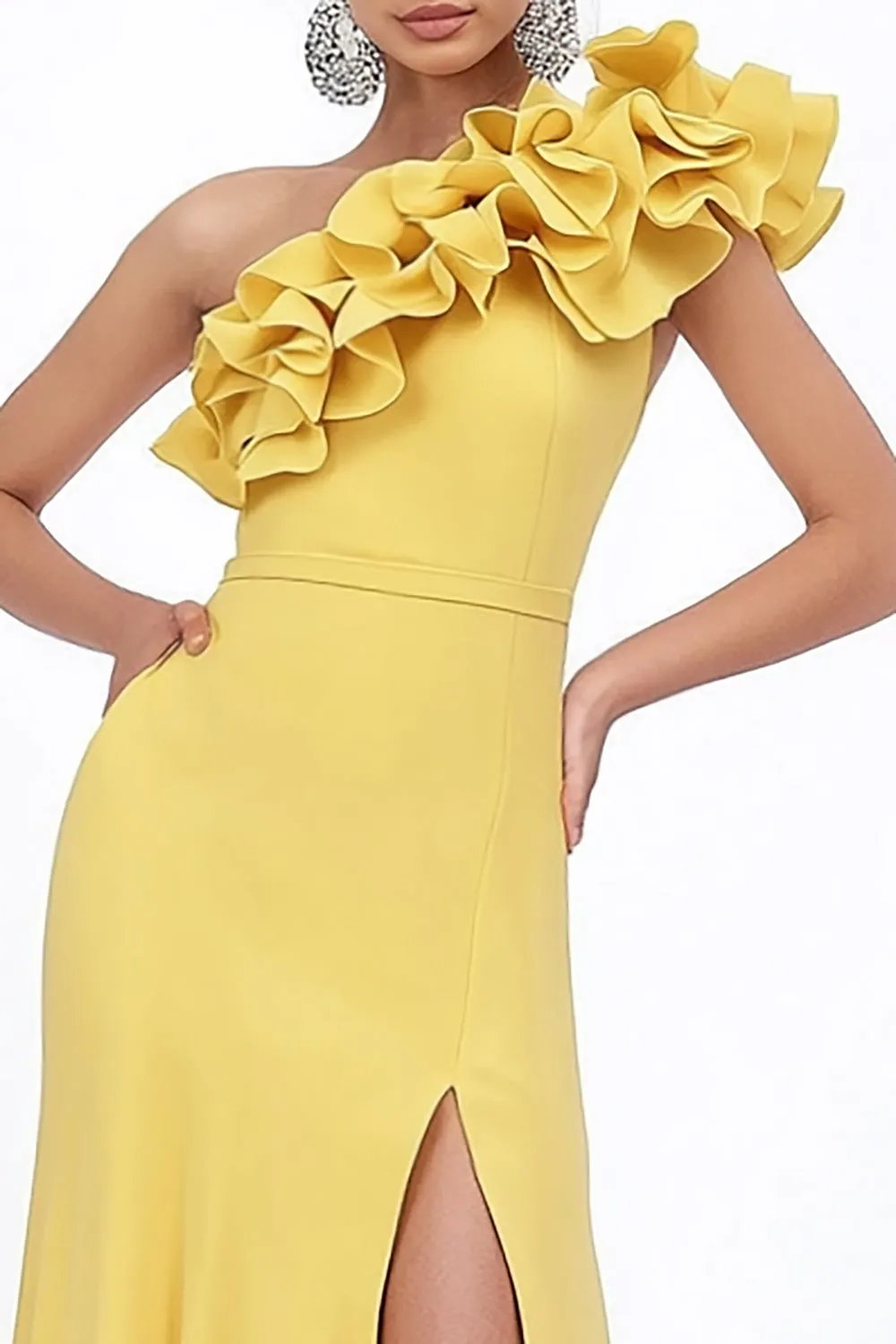 Yellow One Shoulder Ruffled Long Wedding Guest Dress with Slit sold by Zapaka product image thumbnail 2