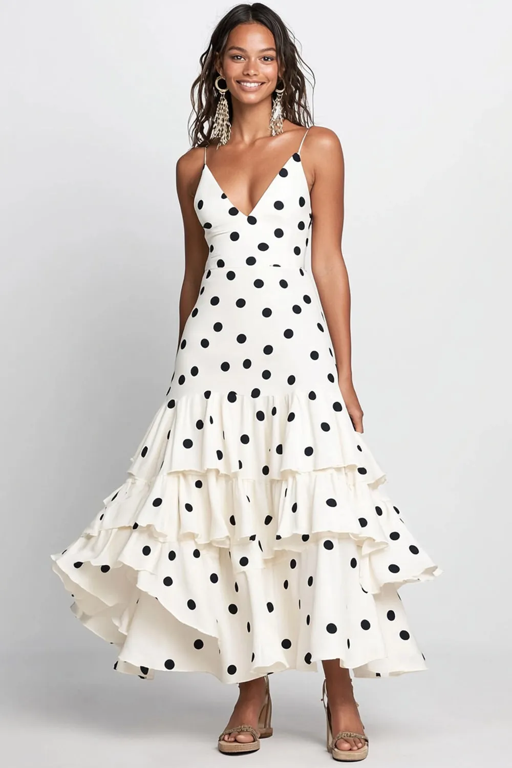 White Black Dot Ruffled A Line Wedding Guest Dress sold by Zapaka