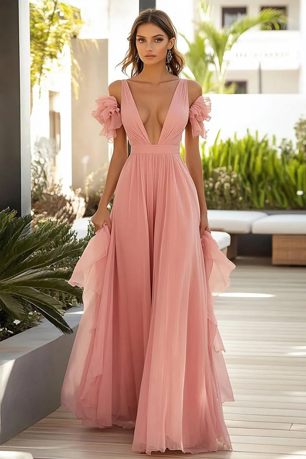 Pink A Line Ruffled Long Wedding Guest Dress sold by Zapaka