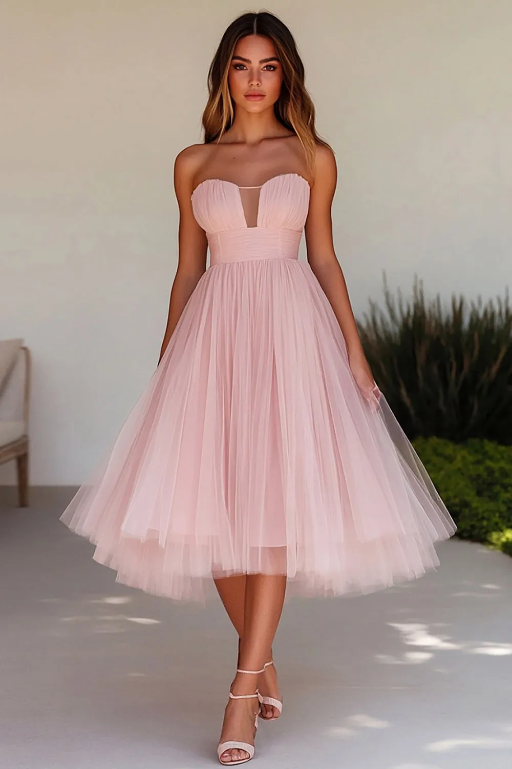 Pink A Line Strapless Tulle Wedding Guest Dress sold by Zapaka