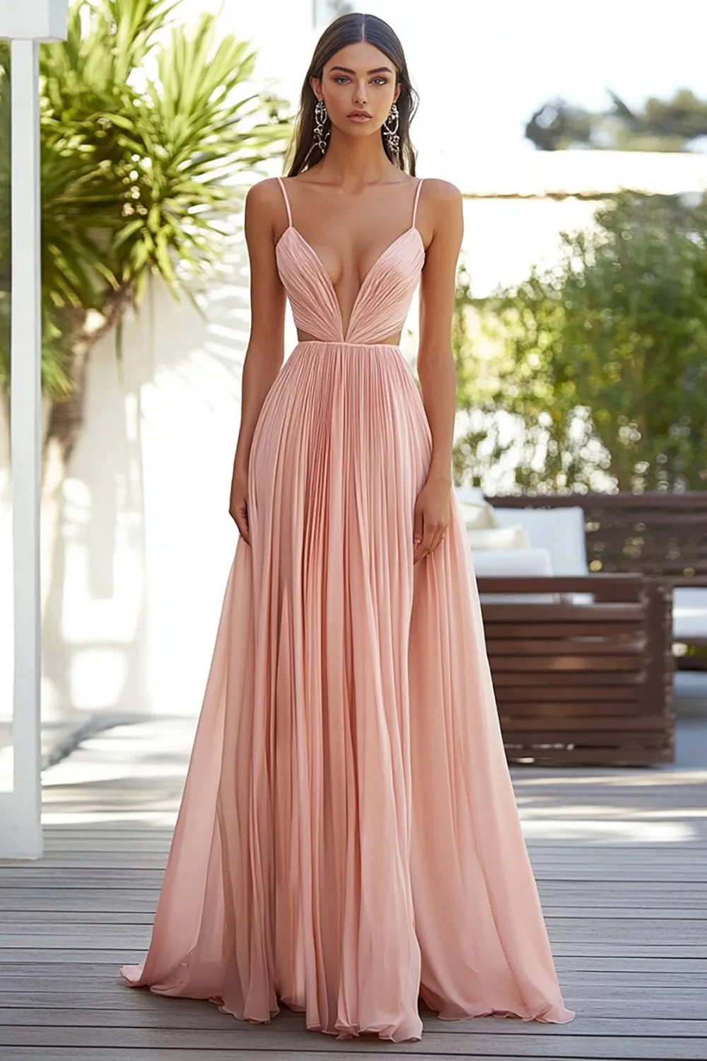 Pink A Line Spaghetti Straps Pleated Long Wedding Guest Dress sold by Zapaka