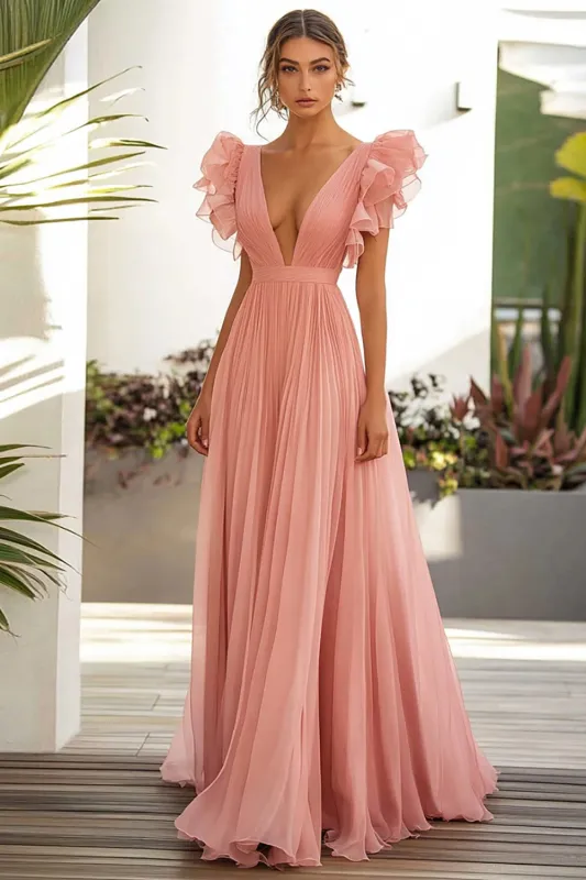 Pink A Line Ruffles V Neck Long Wedding Guest Dress sold by Zapaka
