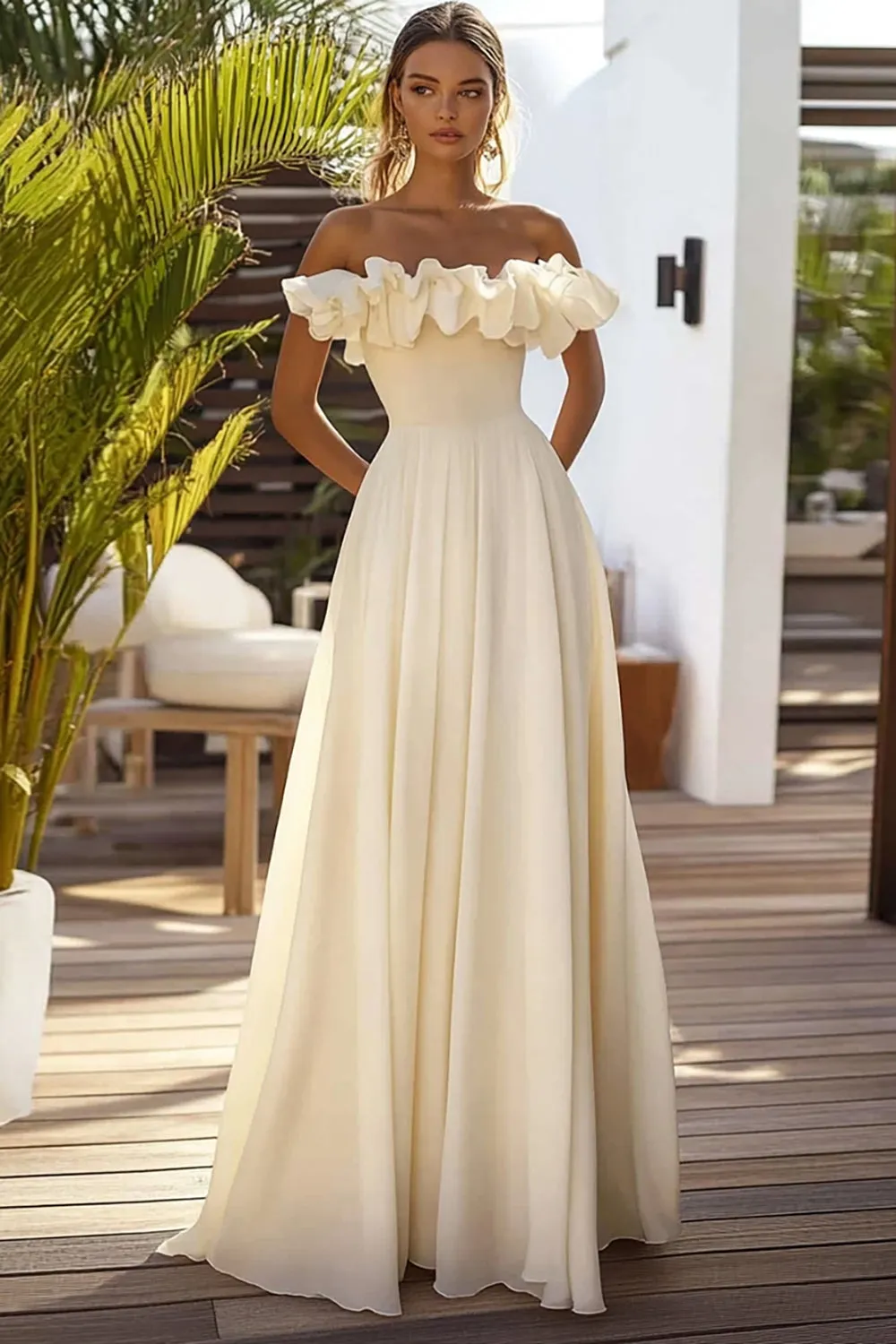 Daffodil Ruffled Off The Shoulder Chiffon Long Wedding Guest Dress sold by Zapaka
